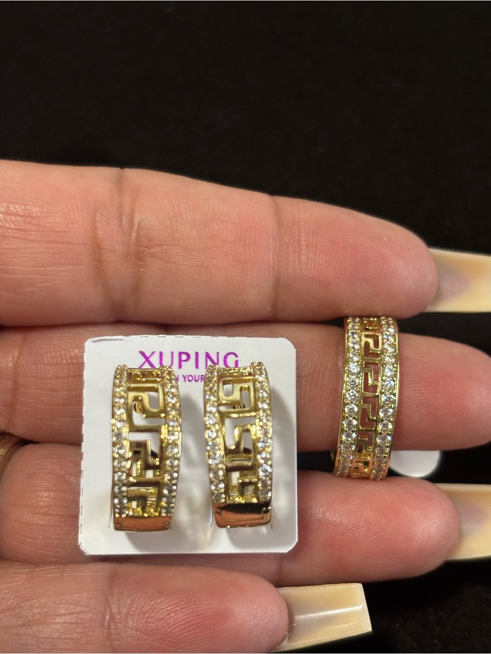 Ping Gold Greek Key Hoop Earrings with Clear Crystals. Ring size 7
